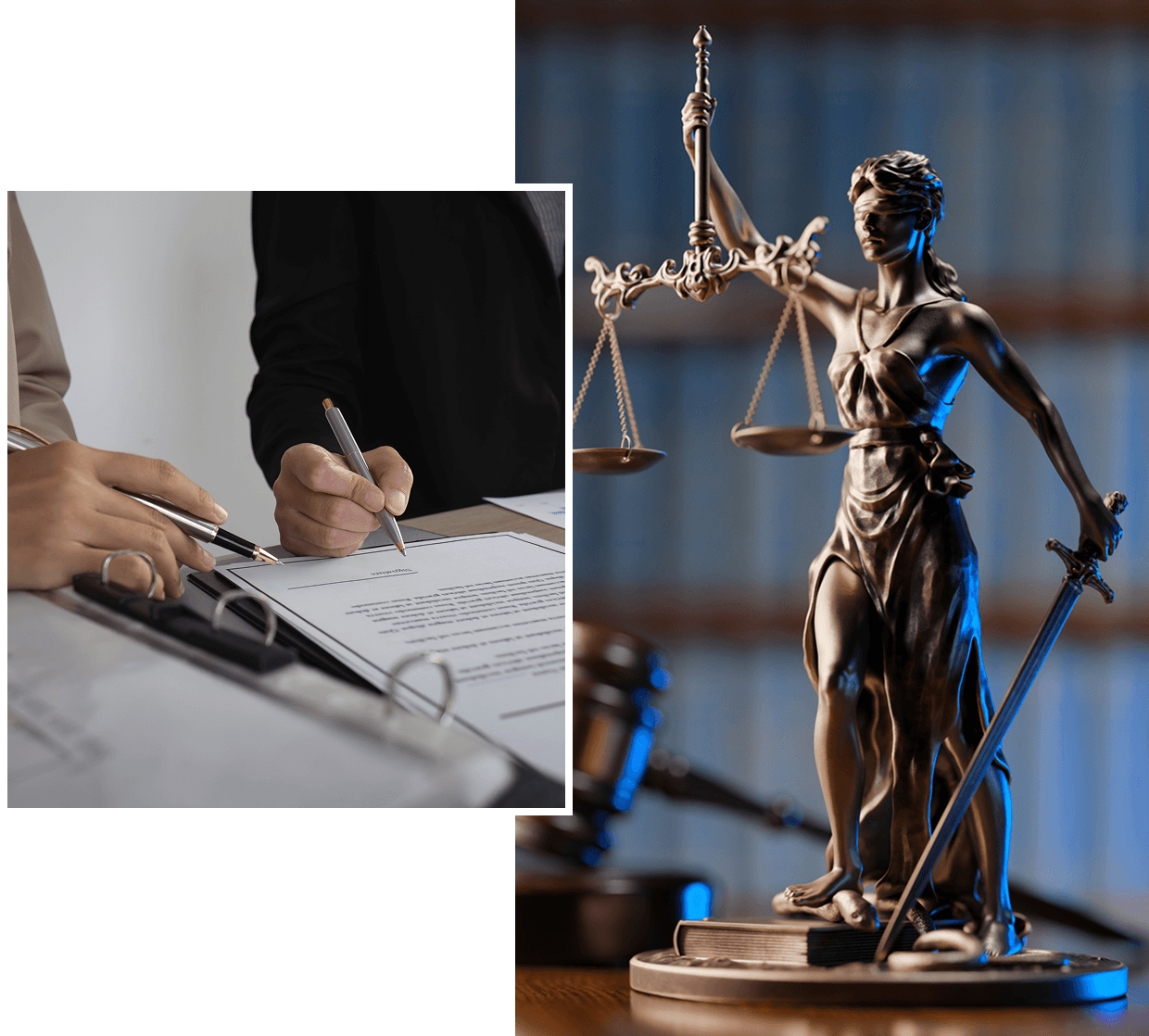 Lady Justice statue and people signing documents.